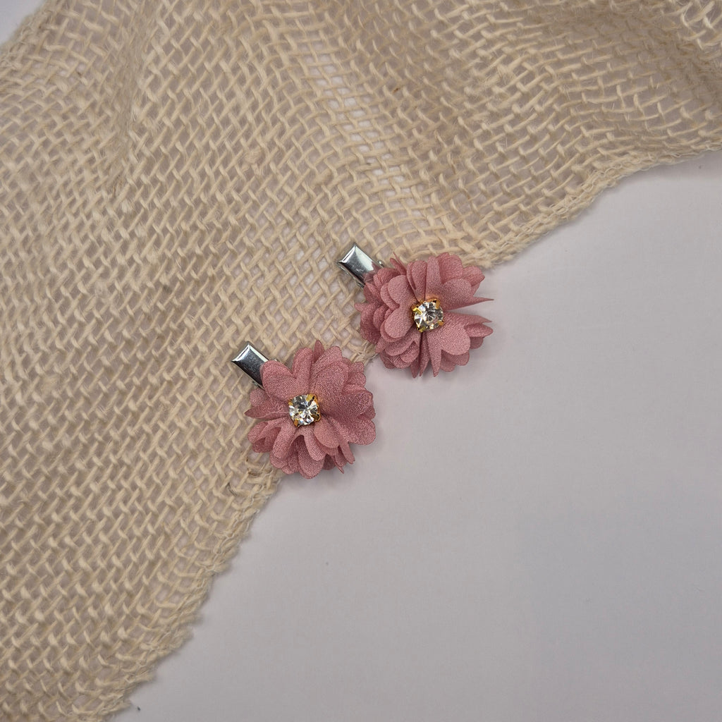 Midi bloem haarclipje roze met strass zilver