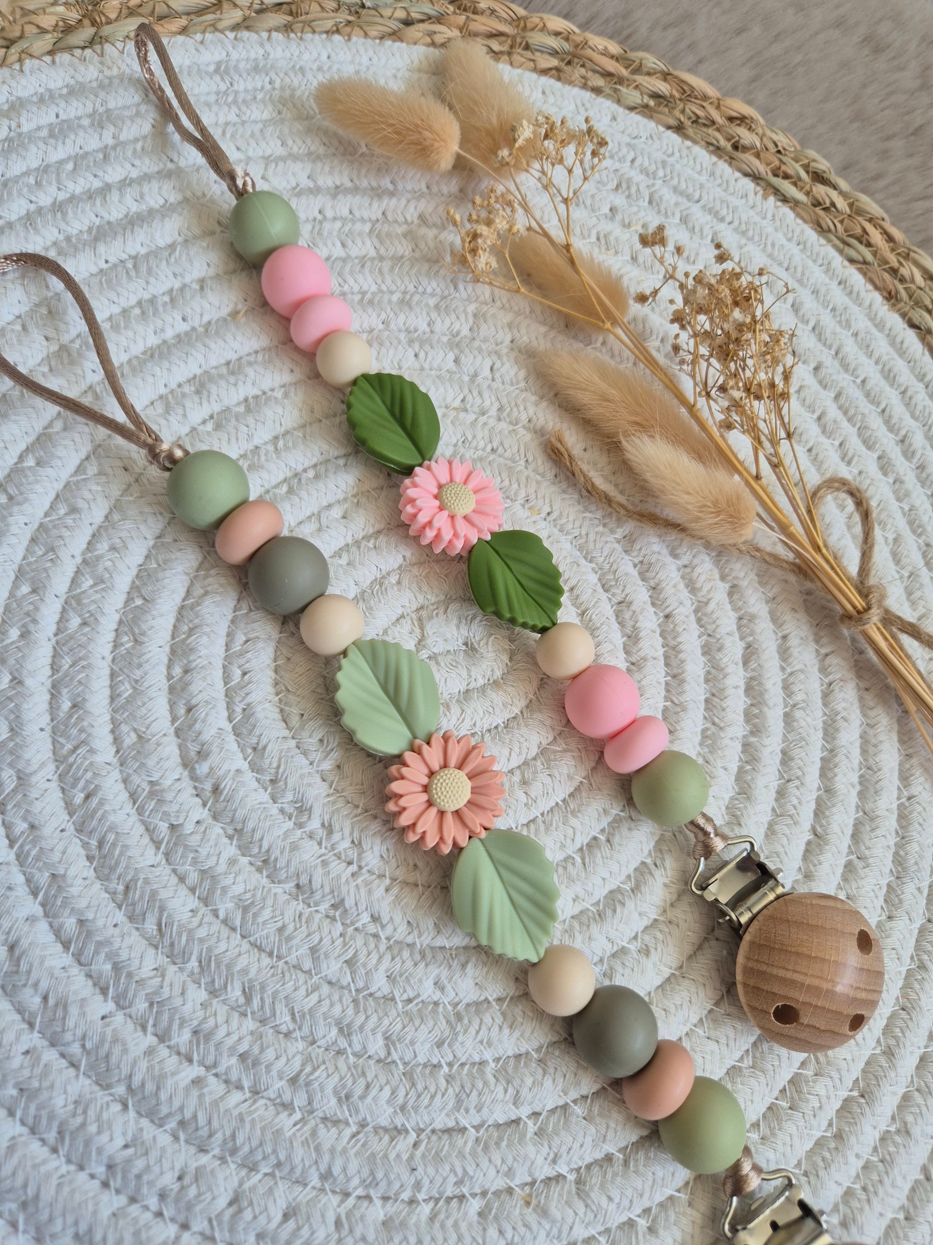 Speenkoord girly bloem met blad peach