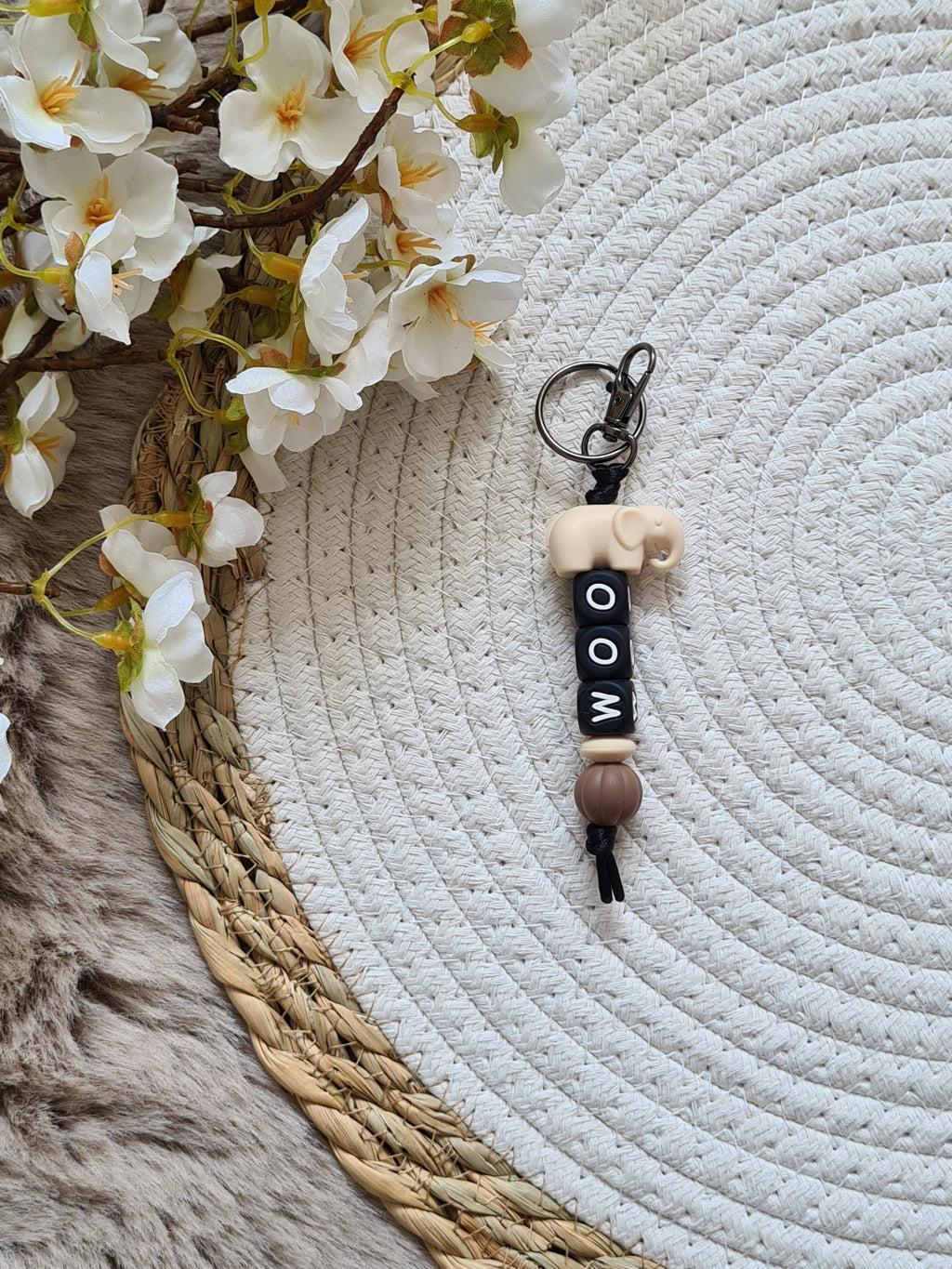 Sleutelhanger mason met olifantje beige
