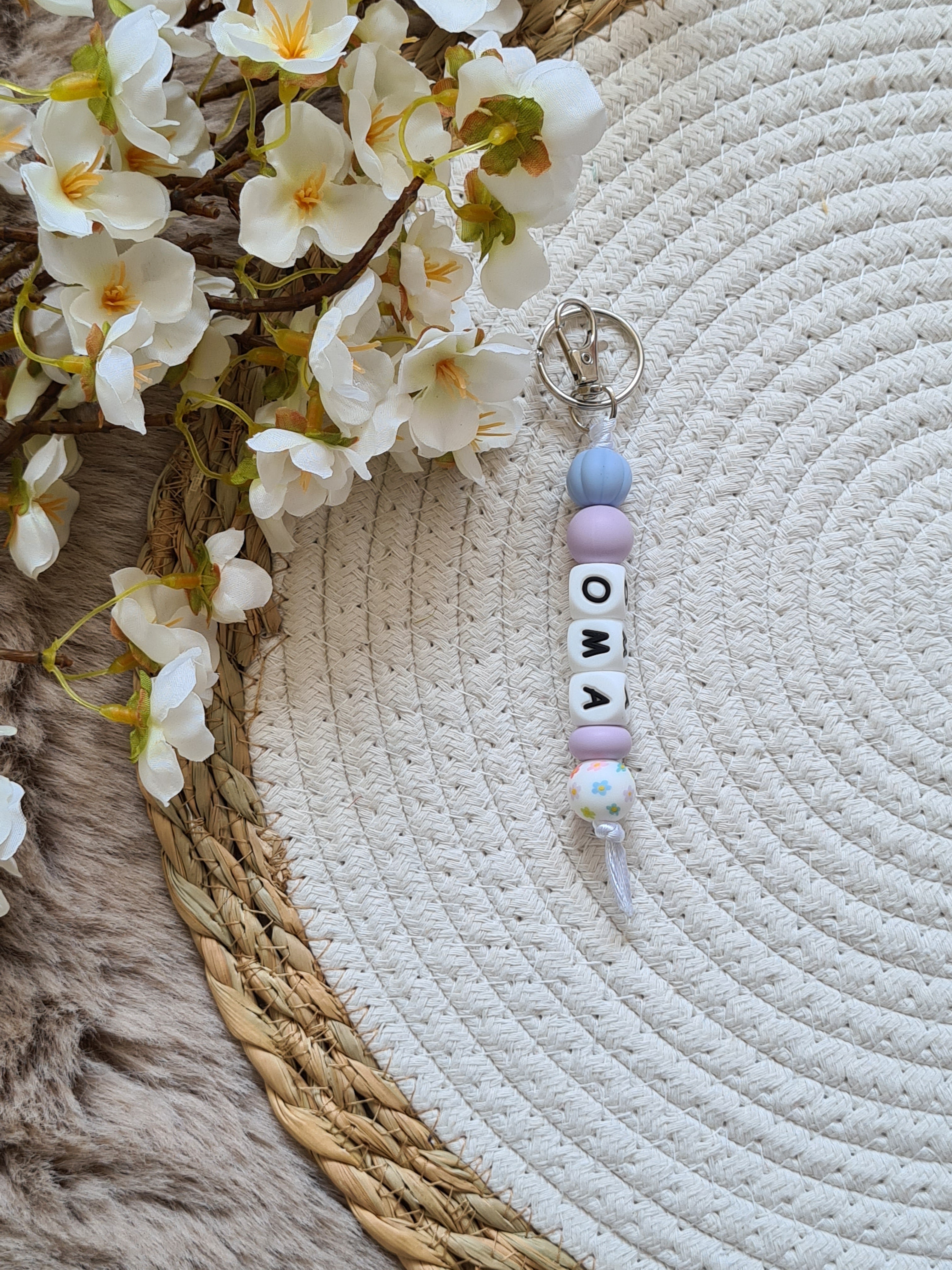 Sleutelhanger bloem print kraal pastel