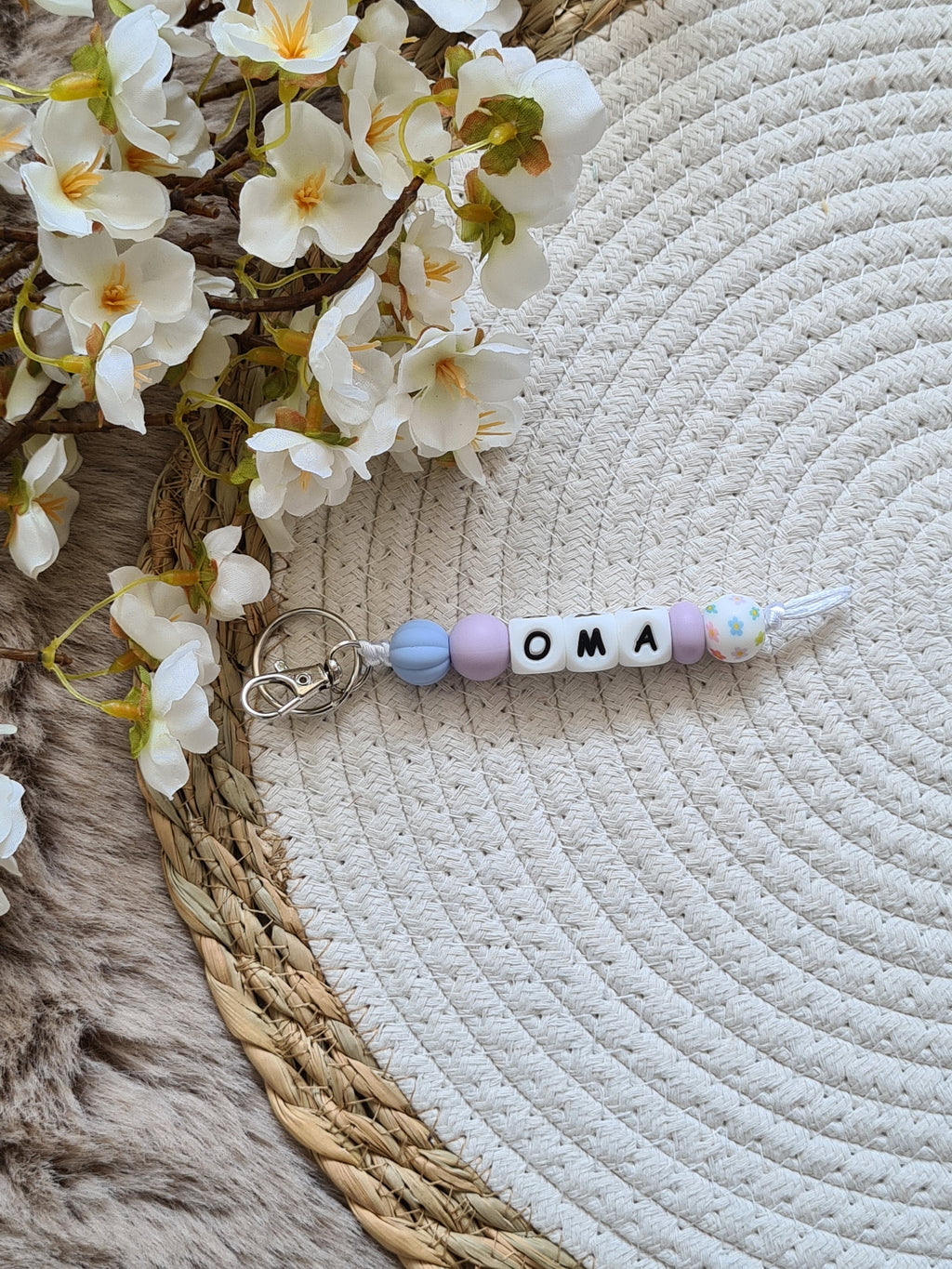 Sleutelhanger bloem print kraal pastel