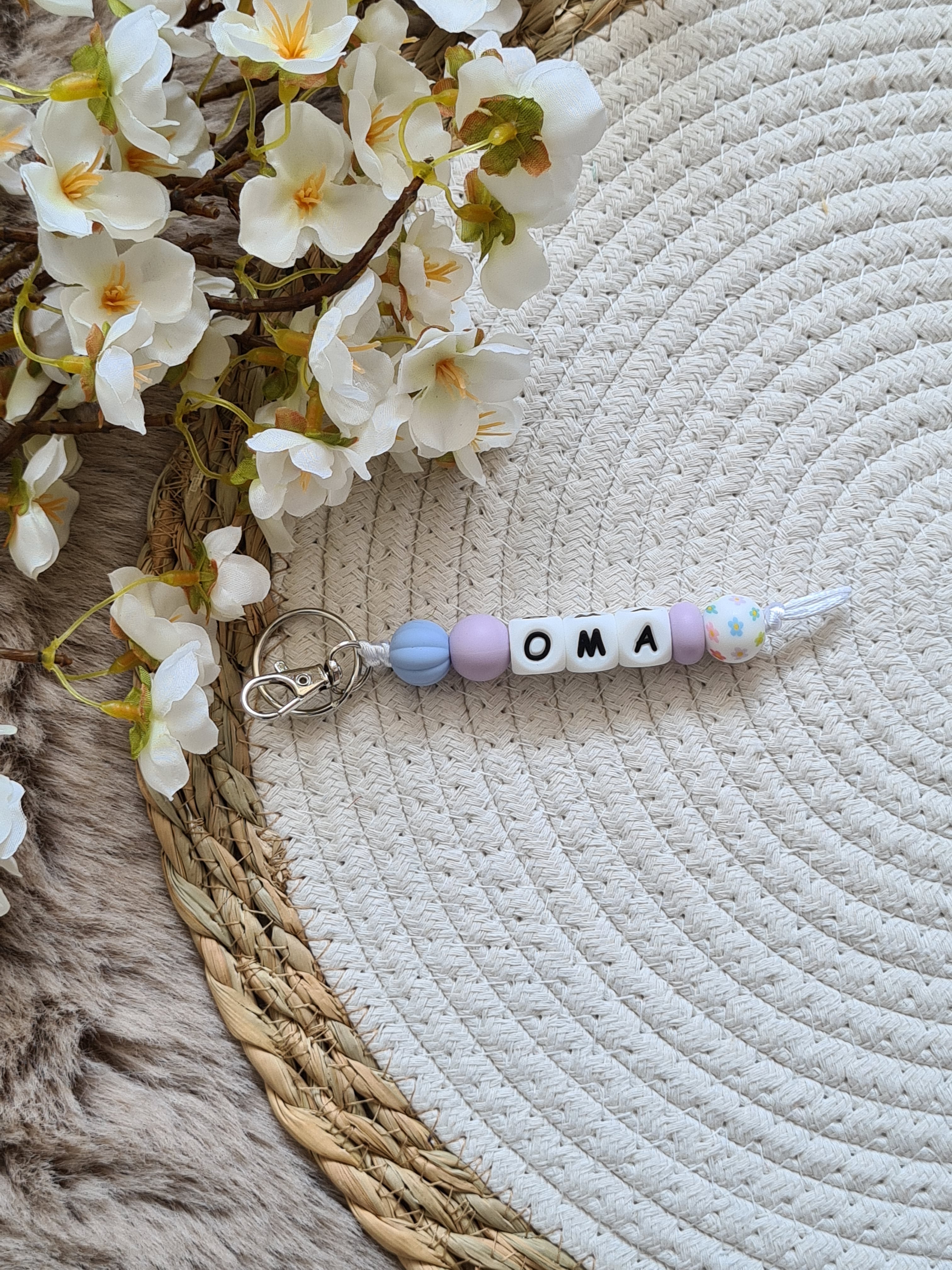 Sleutelhanger bloem print kraal pastel
