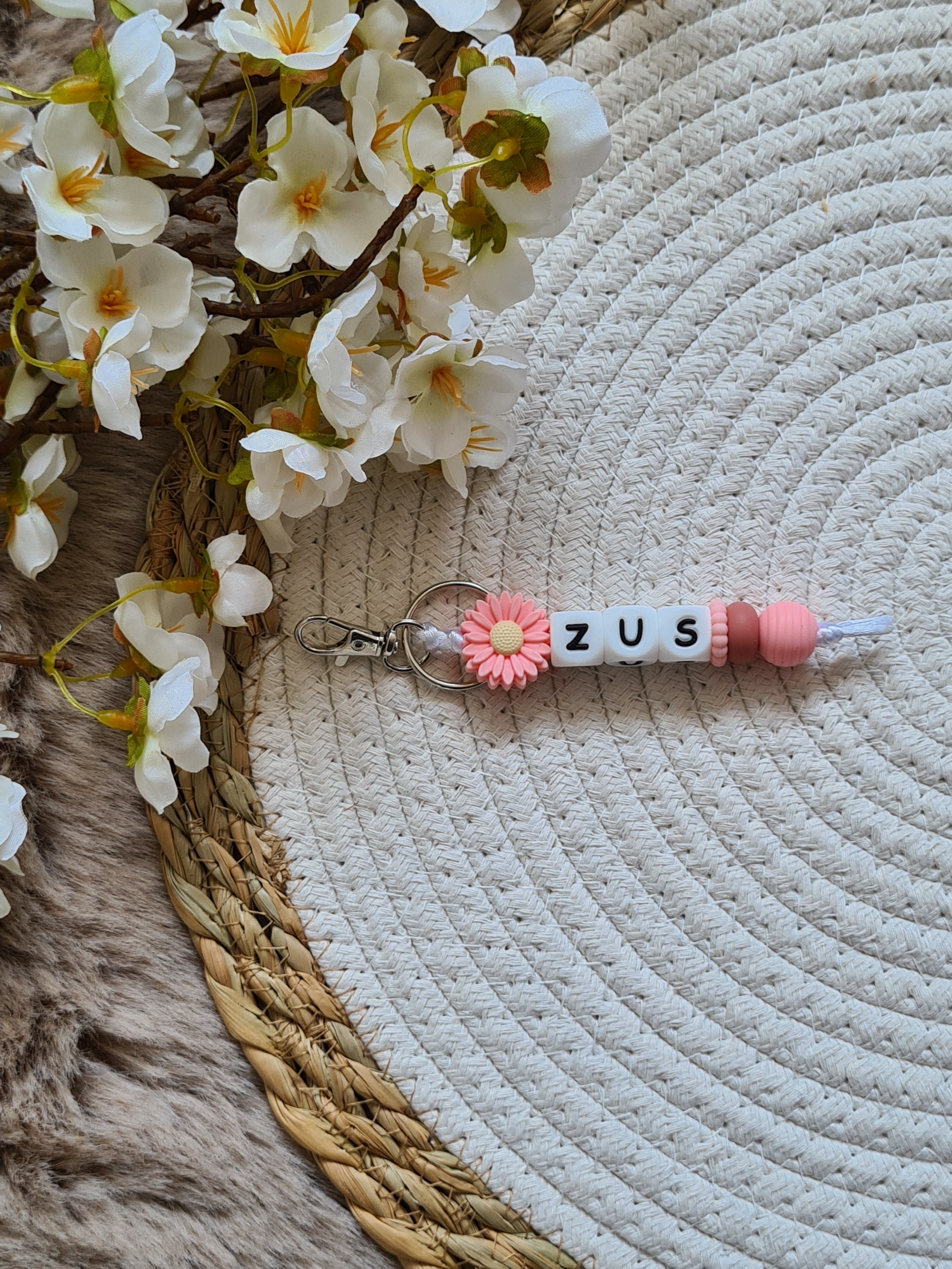 Sleutelhanger met bloem roze