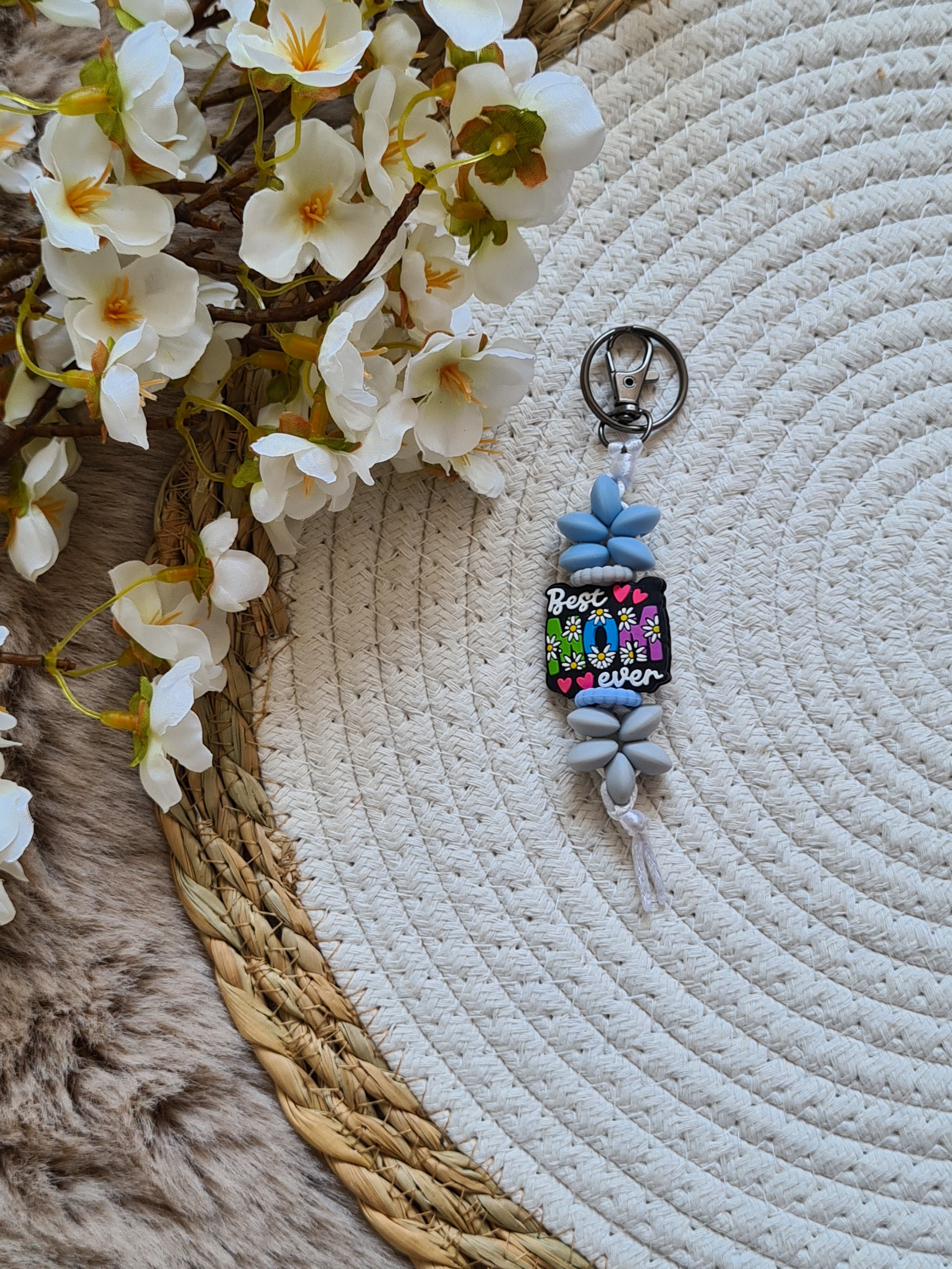 Sleutelhanger "best mom ever" botanic blauw grijs