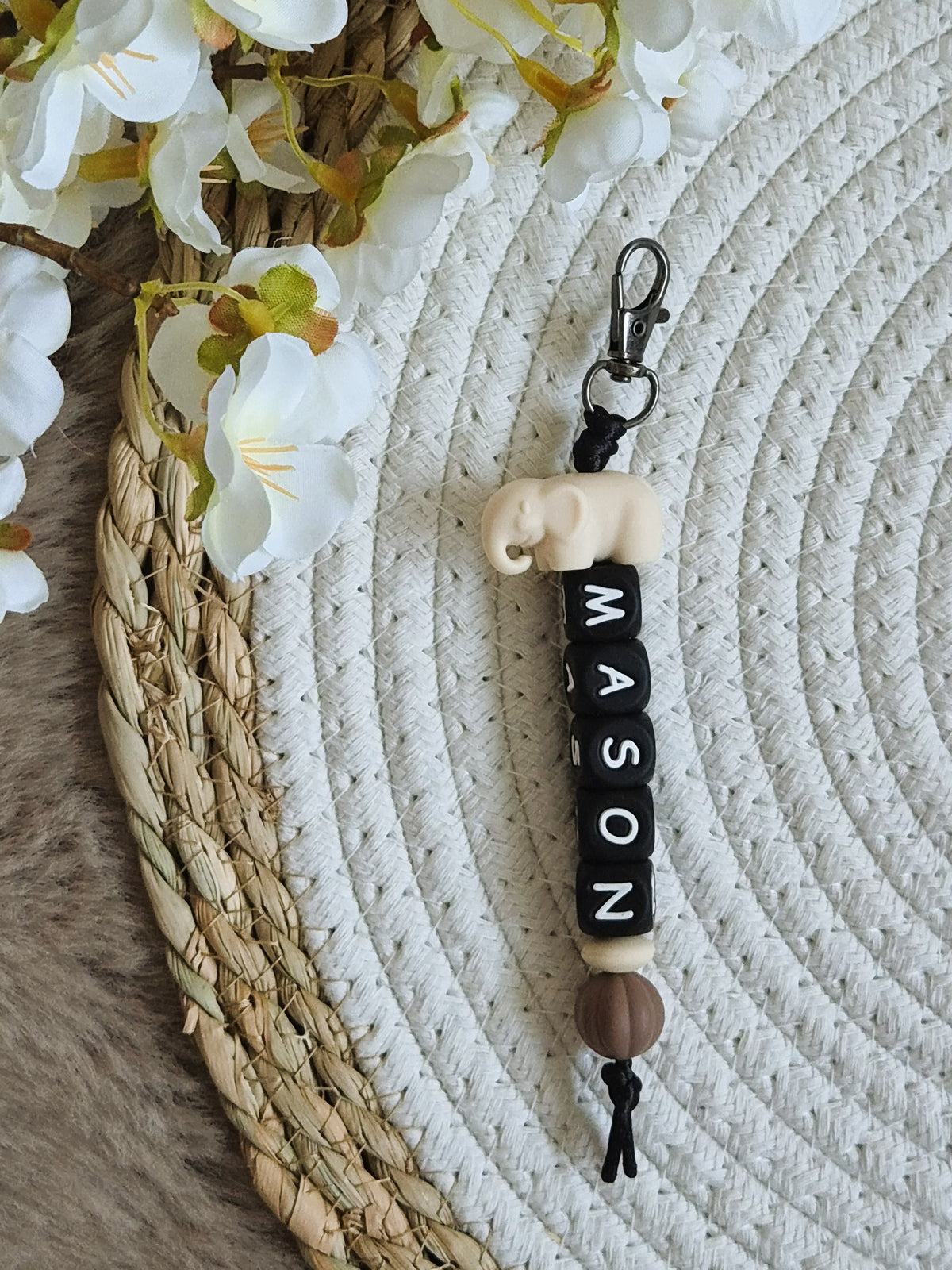 Sleutelhanger mason met olifantje beige